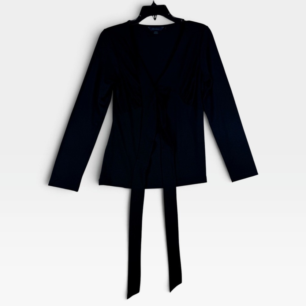 Boden Wrap Front Tie Top Womens 12 Black Long Sleeve V-Neck WL426 Excellent